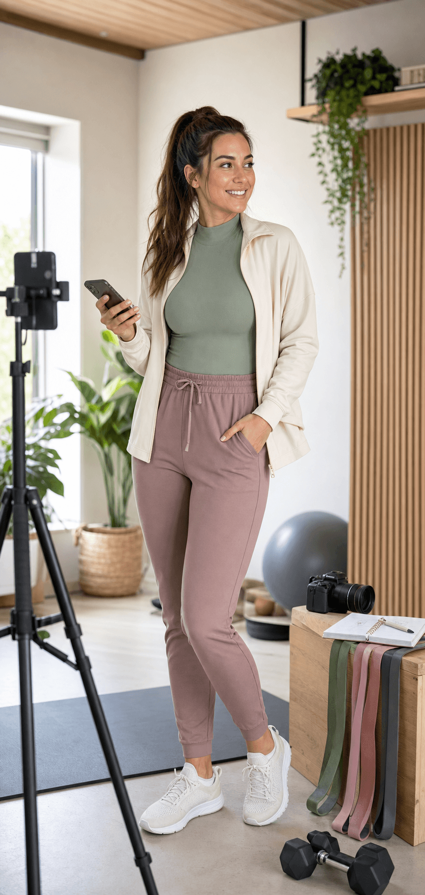 Criadora fitness adulta em home gym, com activewear discreto e equipamento de criação.